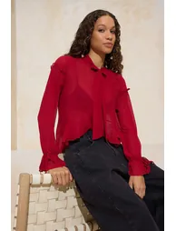 Red Scarf Collar Ruffle Detail Chiffon See-Through Blouse - 3