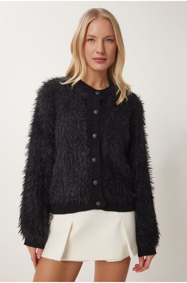 Women's Black Soft Bearded Knitwear Cardigan