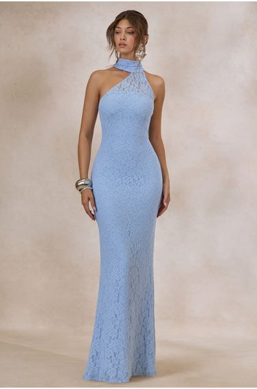 Almaria | Powder Blue Lace Asymmetric-Neck Maxi Dress With Collar-Detail