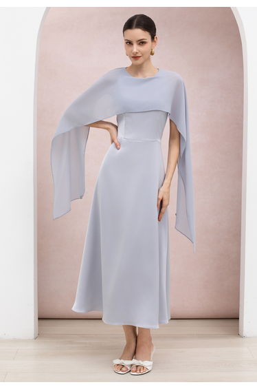 Flowy Chiffon Cape Panel Satin Sleeveless Dress in Dusty Blue for Cocktail Parties & Dinner Dates