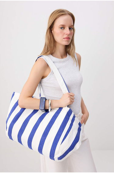 Blue and White Striped Women's Maxi Shoulder Bag