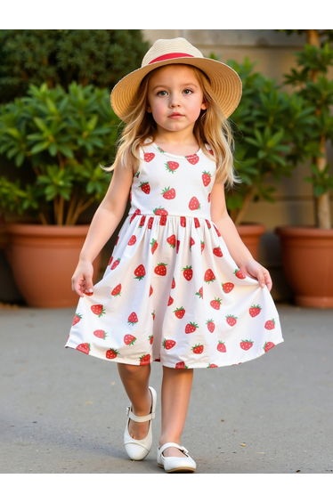 Girls Strawberry Print Sleeveless Dress