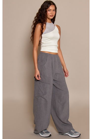 Grey Peachskin Pocket Detail Wide Leg Trousers
