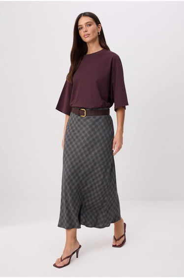 Gray Unlined Plaid / Checked Woven Top & Bottom Hijab Skirt