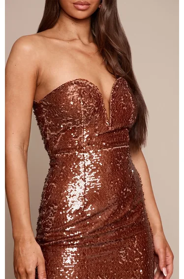 Taupe Sequin Wire Cup Detail Maxi Dress