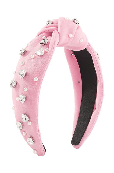 Rhinestone Pearl Knotted Headband in Pink