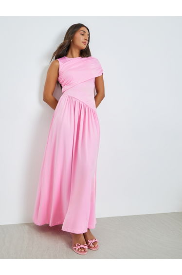 Pink Irregular Shawl Sleeve A-Line Maxi Dress