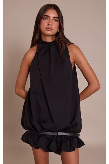 Black Puffball Belted Dress