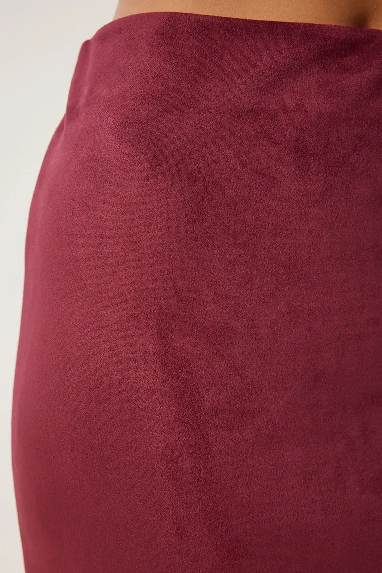 Women's Burgundy Slit Long Suede Woven Skirt - 3