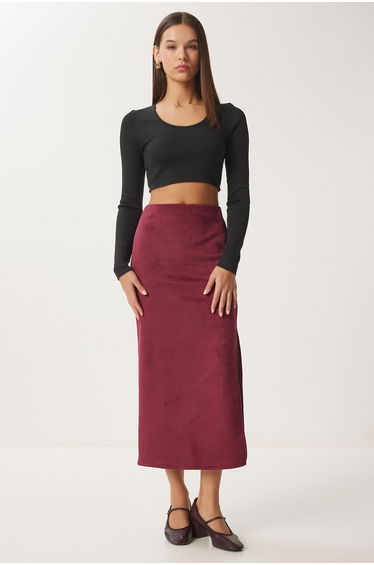 Women's Burgundy Slit Long Suede Woven Skirt