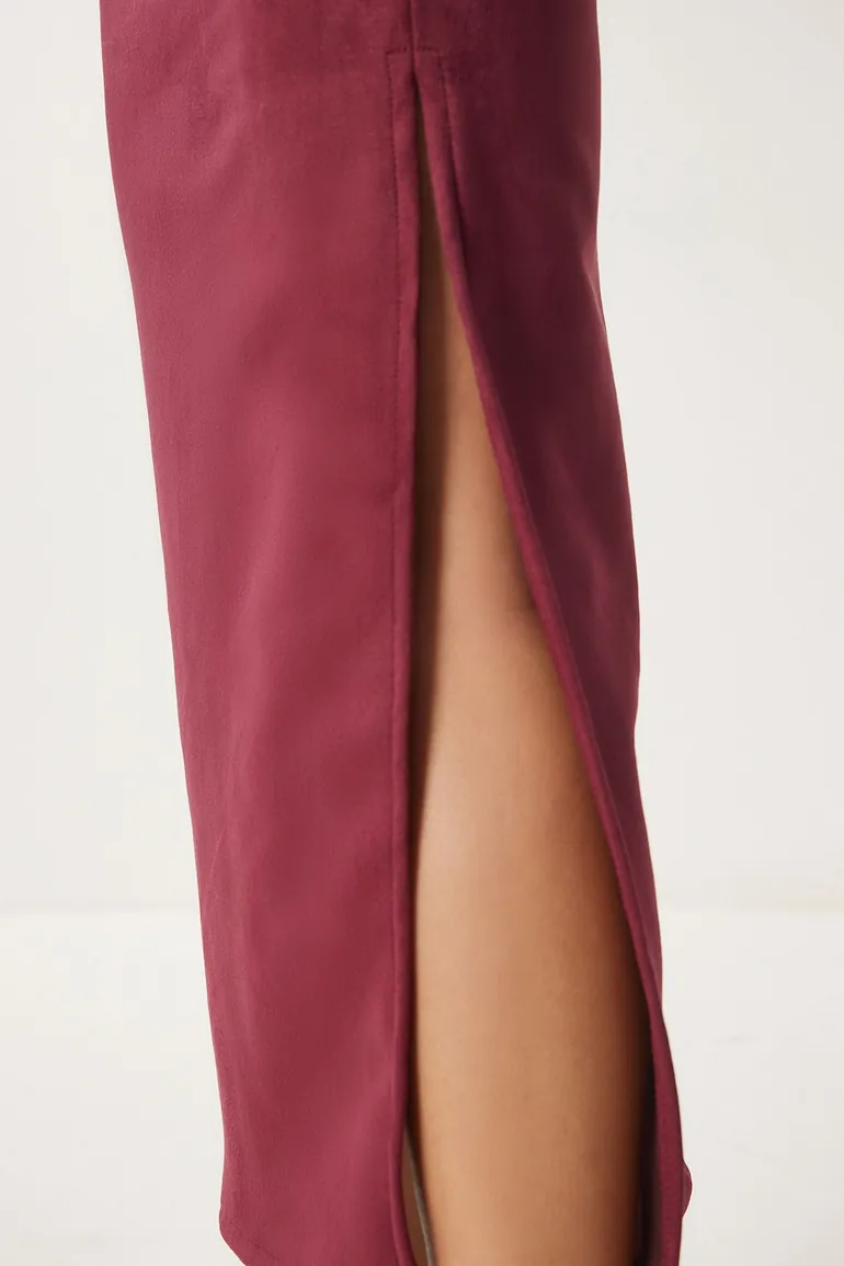 Women's Burgundy Slit Long Suede Woven Skirt - 4