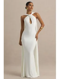 Rhoda | White Twist Halter-Neck Cape Maxi Dress