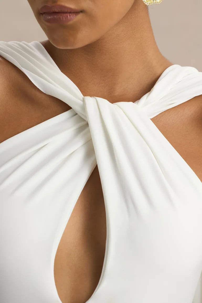 Rhoda | White Twist Halter-Neck Cape Maxi Dress - 6