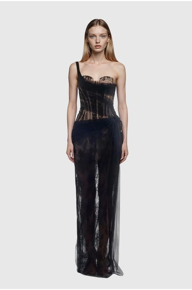Dechen One Shoulder Corset Mesh Maxi Dress In Black