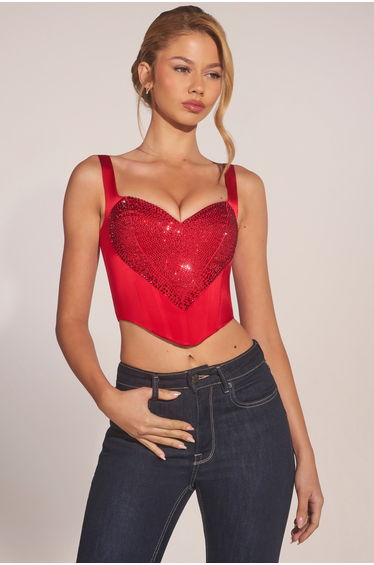 Sweetheart-Neck Lace-Up Corset Top in Rose Red