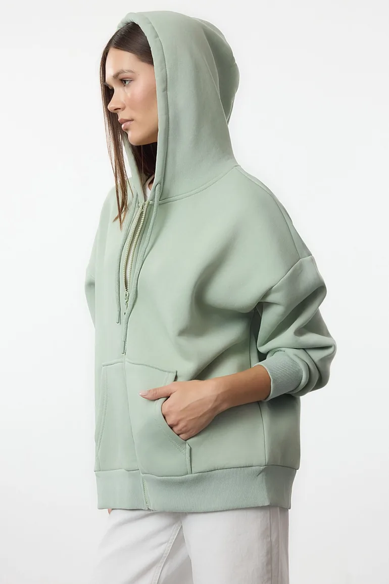 Mint Oversize/Relaxed Cut Zippered Thick Polar Fleece Knitted Sweatshirt - 2