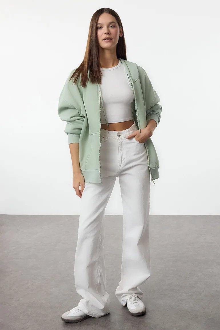 Mint Oversize/Relaxed Cut Zippered Thick Polar Fleece Knitted Sweatshirt