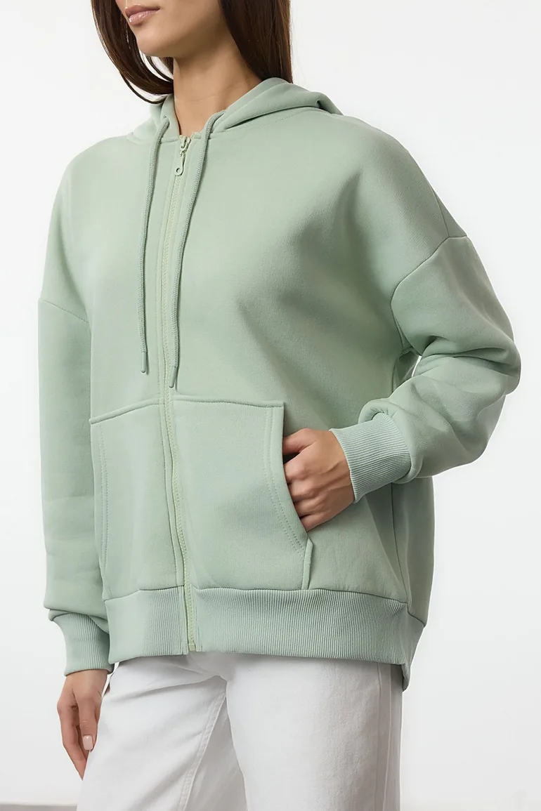 Mint Oversize/Relaxed Cut Zippered Thick Polar Fleece Knitted Sweatshirt - 4