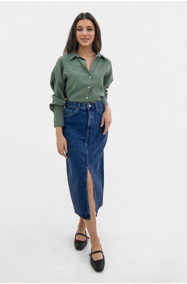Blue denim skirt with front slit