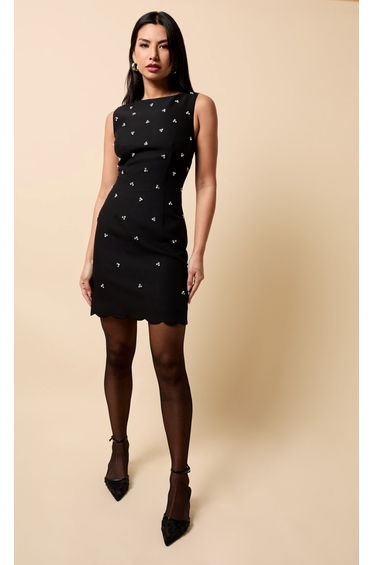 Black Embellished Scallop Hem Mini Dress
