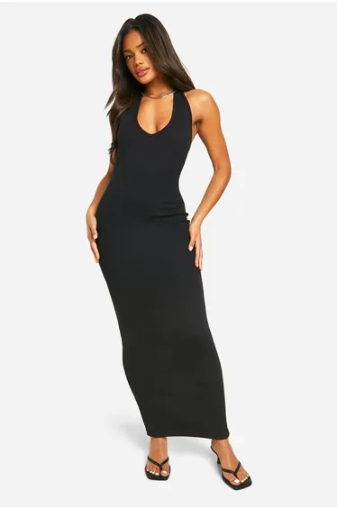 Basic Rib  Plunge Hlater Maxi Dress - black