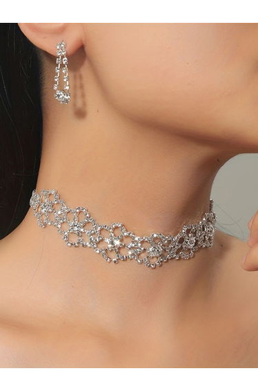 Women Silver Floral Crystal Choker Necklace and Earrings Set