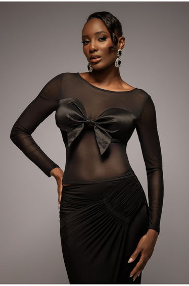 Long Sleeve Mesh Sleeveless Taffeta Bow Top - Black by Goddiva
