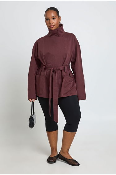 Plus Belted Short Trench Coat - burgundy