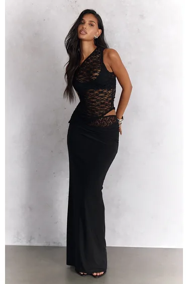 Black Lace Underlay Double Slinky Cowl Maxi Skirt