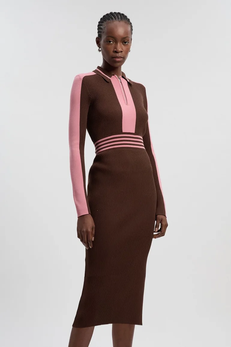 polo collar rib knit midi dress Red Premium Ribbed Polo Collar Midi Dress