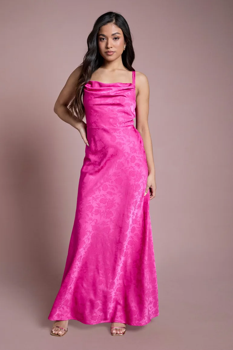 Petite Bright Pink Double Strap Cowl Neck Satin Jacquard Bridesmaid Midi Dress