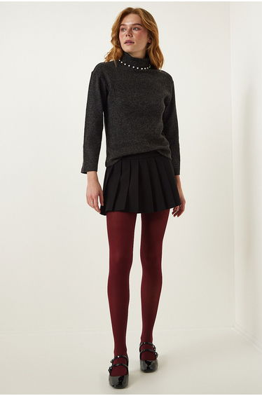 Women's Anthracite Pearl Detailed Turtleneck Knitted Blouse