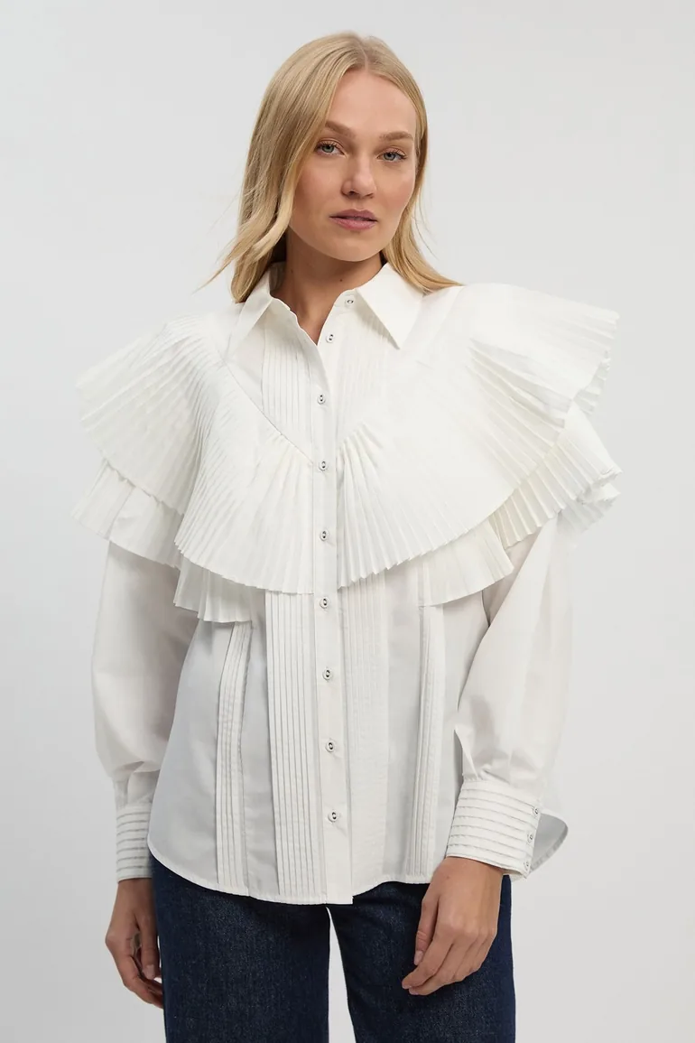 Cotton Poplin Ruffle Detail Long Sleeve Woven Collared Shirt