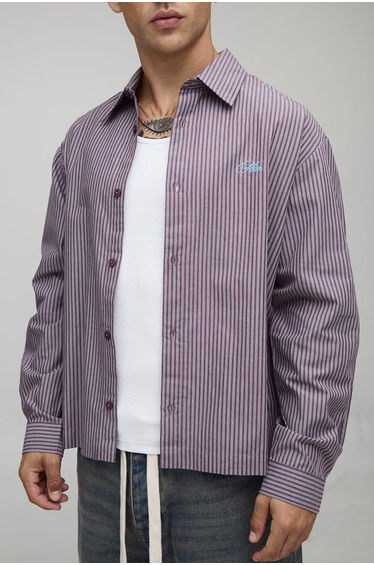 Oversized Monte Bianco Embroidered Long Sleeve Stripe Shirt - burgundy
