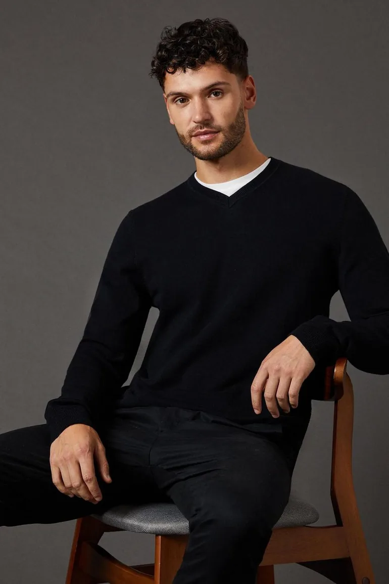 Cotton Rich V Neck Jumper - 1