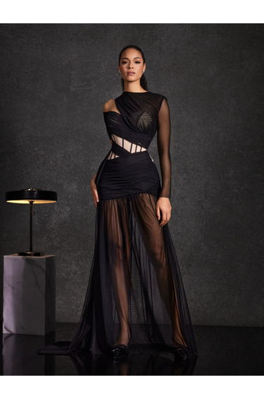 Malati Corset Cutout Mesh Maxi Dress In Black