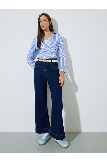Dark Blue Mid Rise Wide Leg Jeans