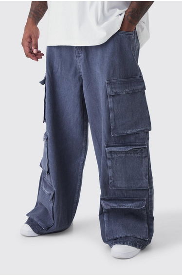 Plus Baggy Fit Washed Multi Pocket Cargo Jeans - grey