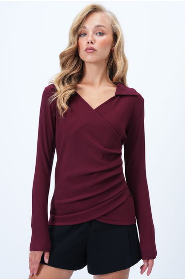 Women's Burgundy Shirt Collar Double Breasted Cut Drape Detailed Ottoban Blouse