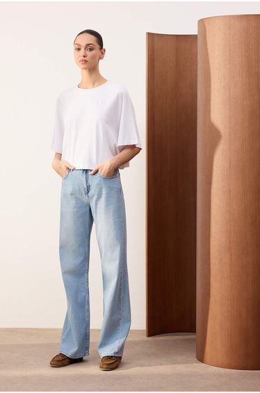 Trendyolmilla Wardrope Essentials Light Blue Draped High Waist Wide Leg Jeans