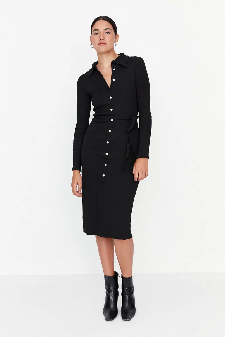 Shop Black Fitted Long Sleeve Polo Neck Ribbed Buttoned Stretchy Midi Knitted Dress Online in Oman Shop Black Fitted Long Sleeve Polo Neck Ribbed Buttoned Stretchy Midi Knitted Dress Online in Oman