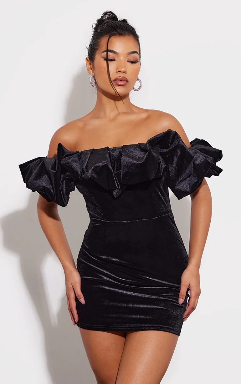 velvet bardot bodycon dress boohoo Women's Velvet Bardot Plunge Mini Dress in Black
