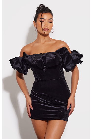 Black Velvet Bardot Ruffle Bodycon Dress