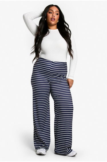 Plus Stripe Wide Leg Trousers - navy