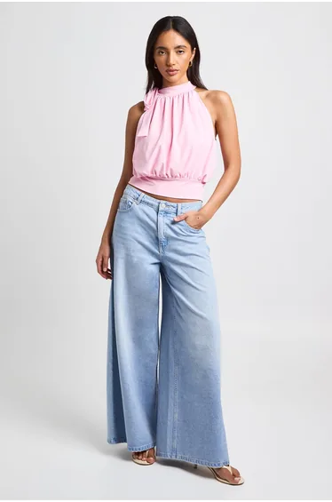 Matte Slinky Pussy Bow Sleeveless Top - baby pink