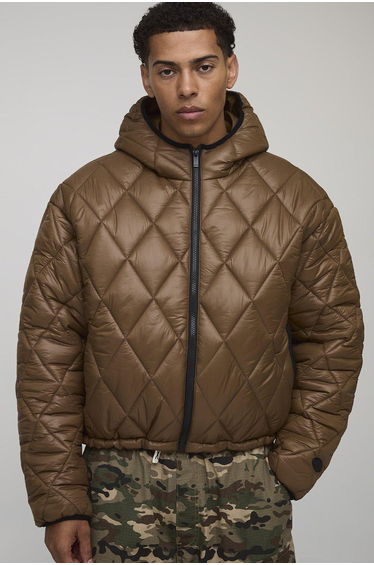Oversized Boxy High Sheen Diamond Quilted Hooded Funnel Puffer Jacket - brown