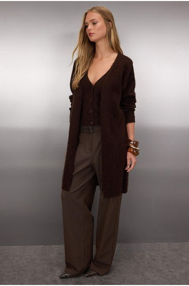 Brown 2-Piece V-Neck Wide Pattern Soft Textured Cardigan-Vest Knitwear Cardigan