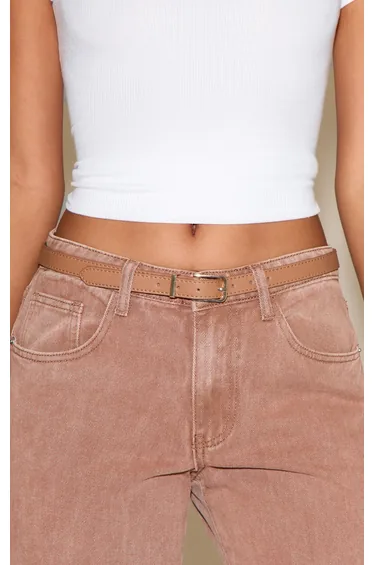 Tan Suede Skinny Belt with Gold Hardware