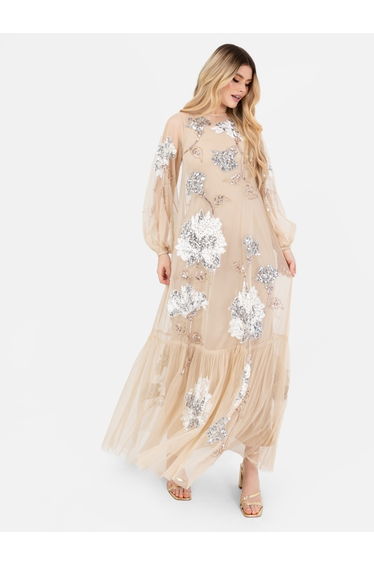 Maya Champagne Floral Embellished Tulle Overlay with Slip Maxi Dress