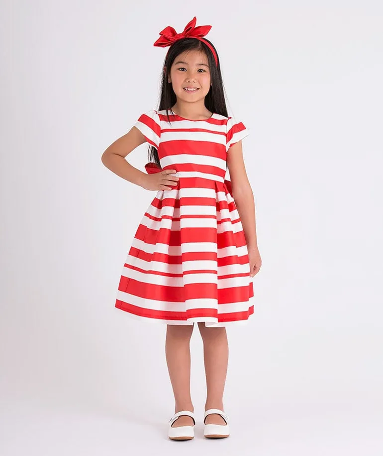 Girls Striped Classic Dress in Red
